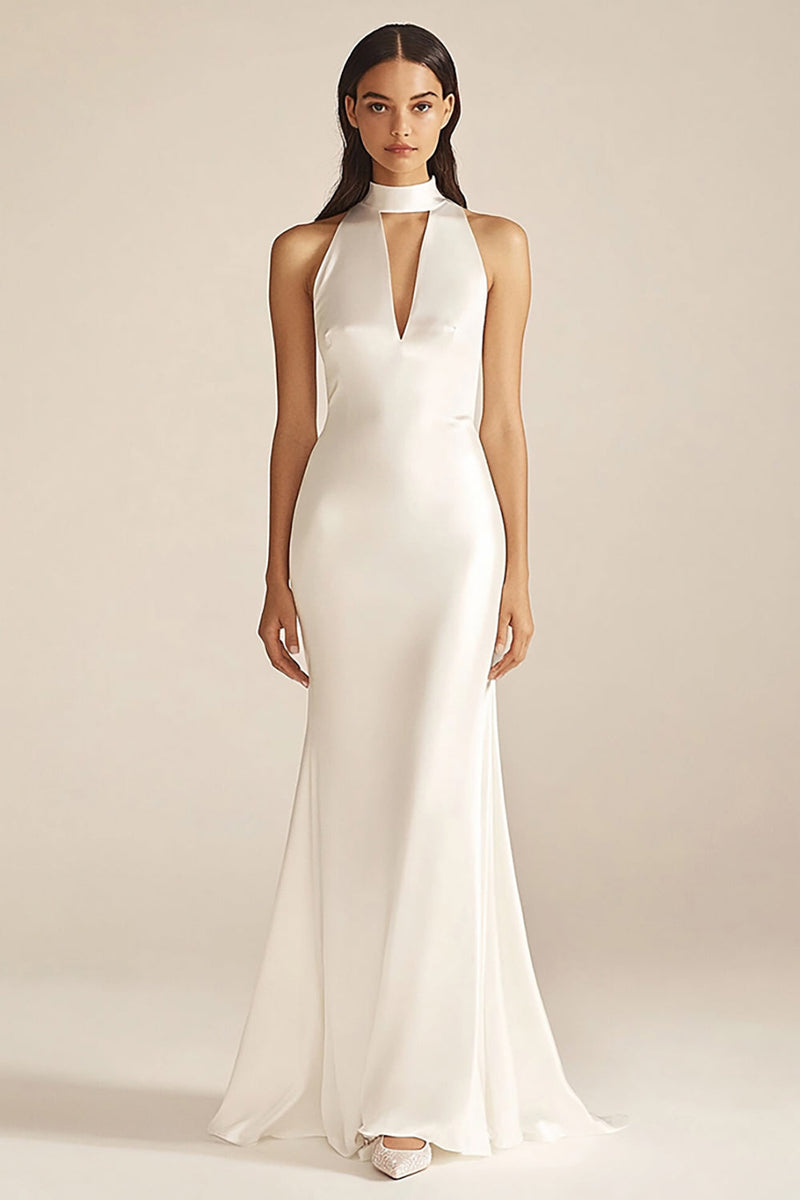Load image into Gallery viewer, Ivory Mermaid High Neck Maxi Satin Rehearsal Dinner Dress
