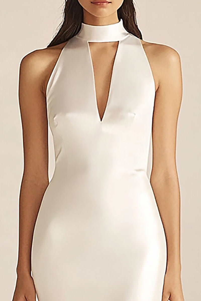 Load image into Gallery viewer, Ivory Mermaid High Neck Maxi Satin Rehearsal Dinner Dress