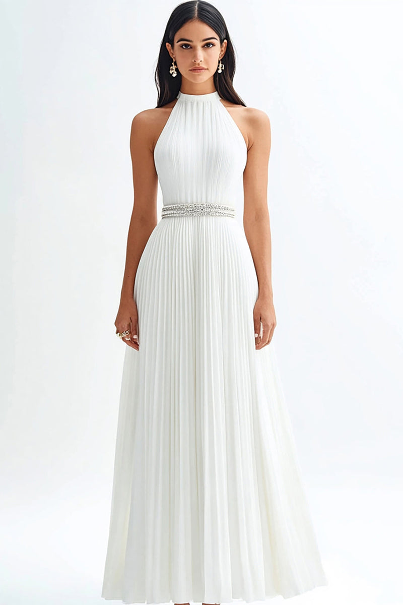 Load image into Gallery viewer, Sparkly Ivory High Neck Maxi Pleated Rehearsal Dinner Dress with Beading