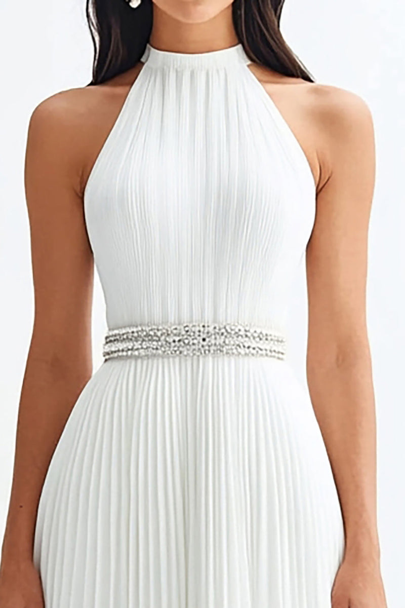Load image into Gallery viewer, Sparkly Ivory High Neck Maxi Pleated Rehearsal Dinner Dress with Beading