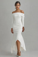Load image into Gallery viewer, Ivory High-Low Off the Shoulder Satin Engagement Dress with Sleeves