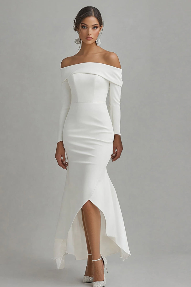 Load image into Gallery viewer, Ivory High-Low Off the Shoulder Satin Engagement Dress with Sleeves