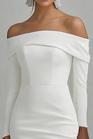 Load image into Gallery viewer, Ivory High-Low Off the Shoulder Satin Engagement Dress with Sleeves