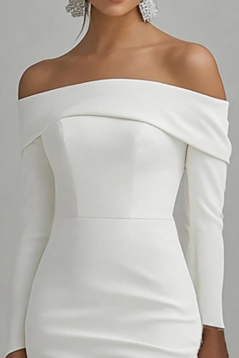 Load image into Gallery viewer, Ivory High-Low Off the Shoulder Satin Engagement Dress with Sleeves