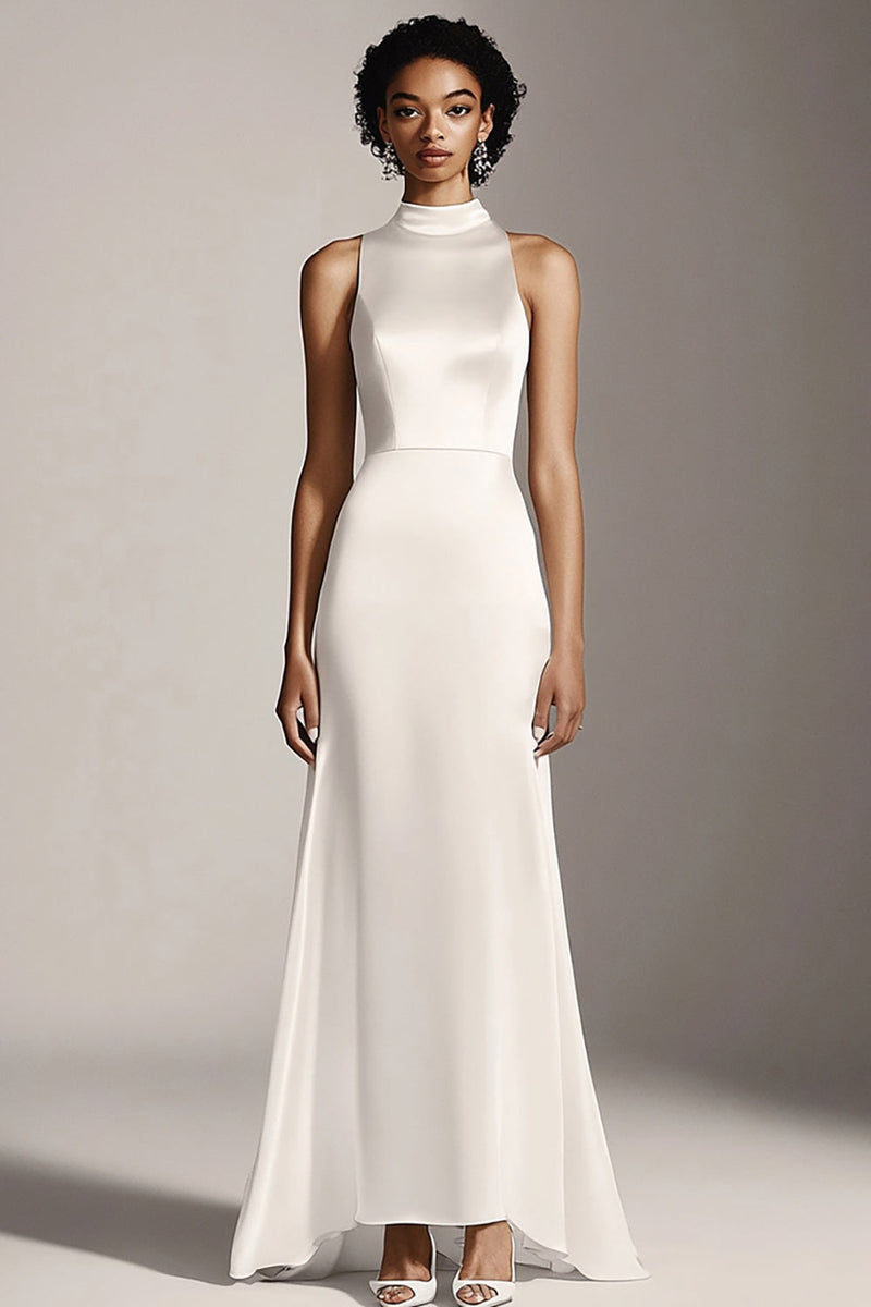 Load image into Gallery viewer, Ivory High Neck Sheath Maxi Satin Rehearsal Dinner Dress