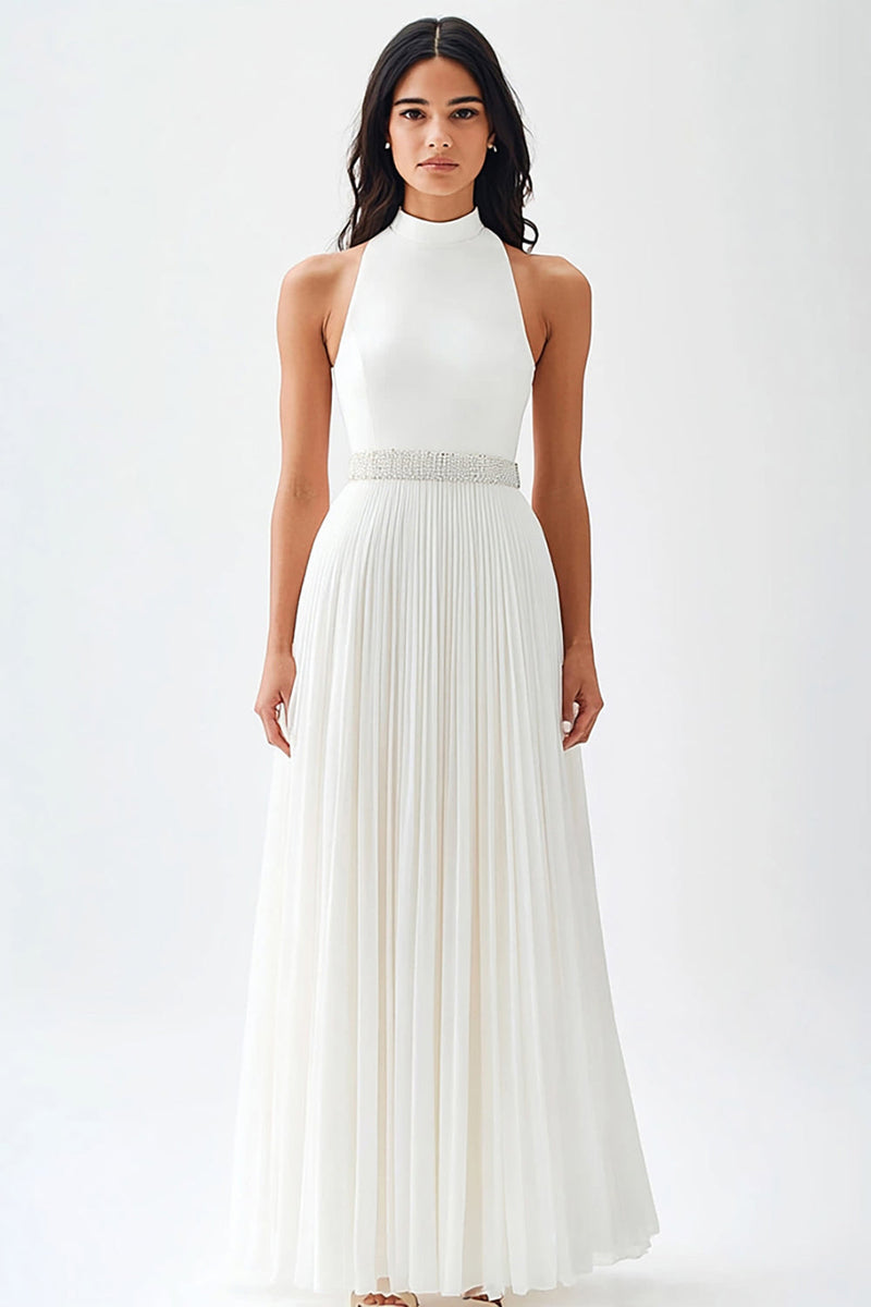 Load image into Gallery viewer, Ivory High Neck Maxi Chiffon Pleated Engagement Dress