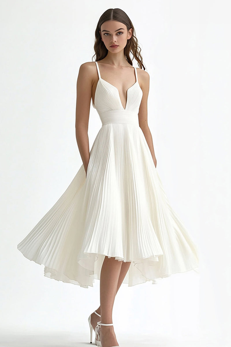 Load image into Gallery viewer, Ivory A Line Midi Chiffon Pleated Engagement Dress