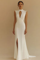 Load image into Gallery viewer, Ivory High Neck Maxi Keyhole Satin Rehearsal Dinner Dress with Slit