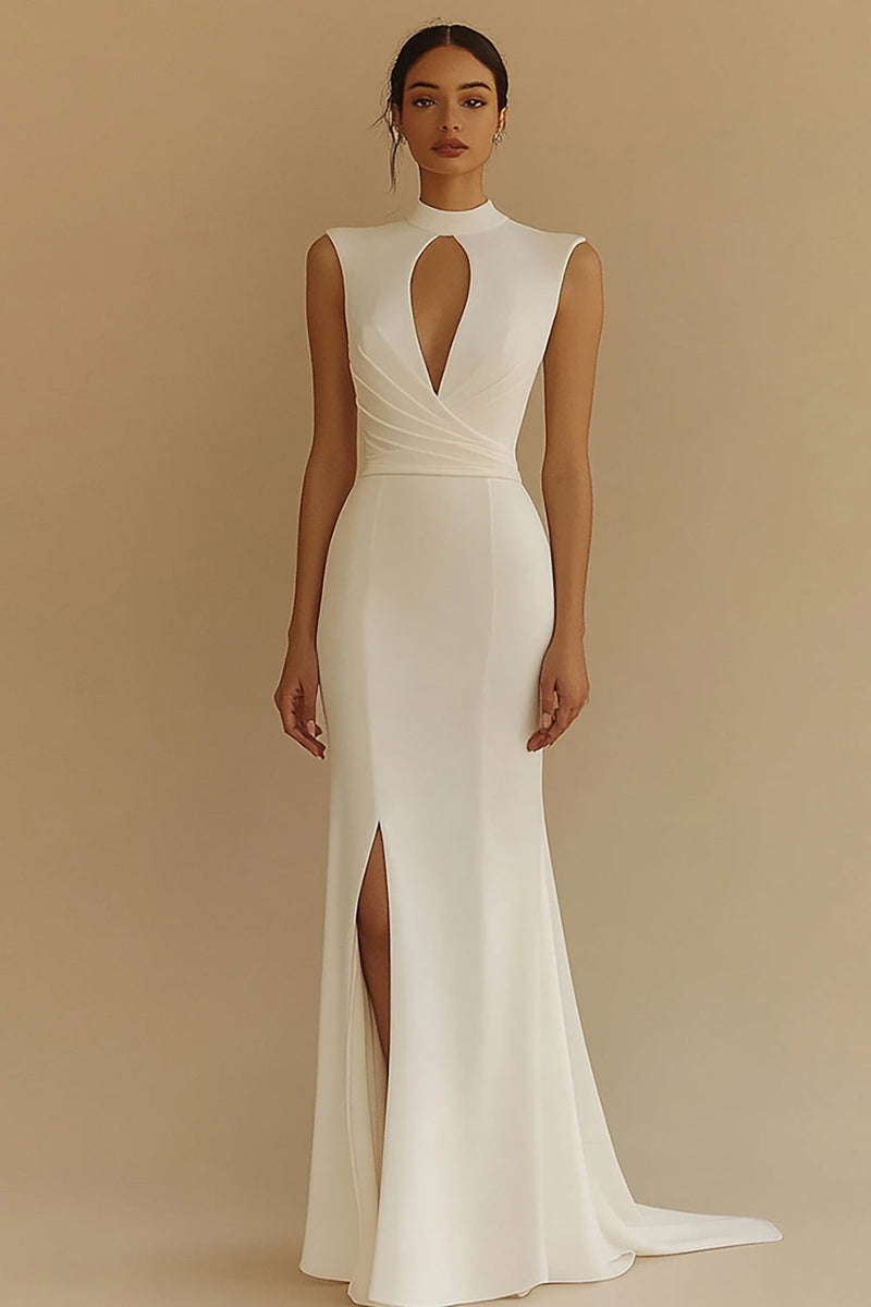 Load image into Gallery viewer, Ivory High Neck Maxi Keyhole Satin Rehearsal Dinner Dress with Slit