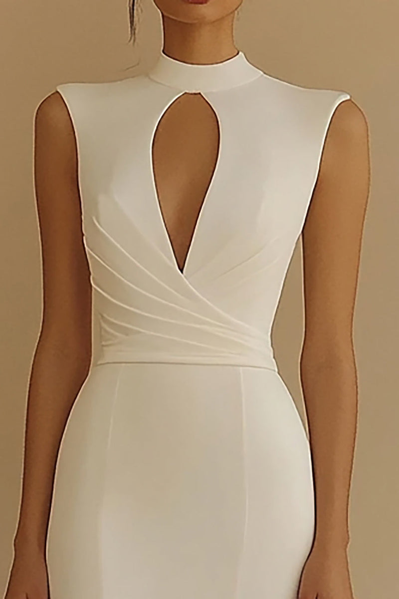 Load image into Gallery viewer, Ivory High Neck Maxi Keyhole Satin Rehearsal Dinner Dress with Slit