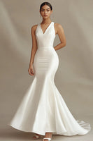 Load image into Gallery viewer, Ivory V-Neck Mermaid Satin Rehearsal Dinner Dress with Sweep Train