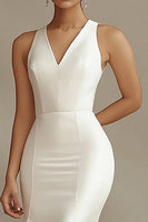 Load image into Gallery viewer, Ivory V-Neck Mermaid Satin Rehearsal Dinner Dress with Sweep Train