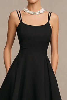 Simple Black A Line Satin Spaghetti Straps Midi Cocktail Dress