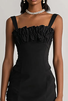 Black Bodycon Straight Neck Mini Cocktail Dress with Ruffles