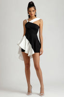 Load image into Gallery viewer, Black and White Tight Asymmetrical Cocktail Dress with Ruffles