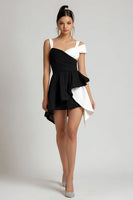 Load image into Gallery viewer, Black and White A Line Asymmetrical Cocktail Dress with Ruffles