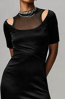 Load image into Gallery viewer, Black Satin Illusion Neck Sheath Asymmetrical Cocktail Dress