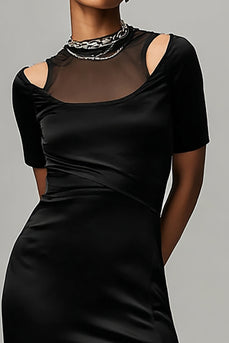 Black Satin Illusion Neck Sheath Asymmetrical Cocktail Dress