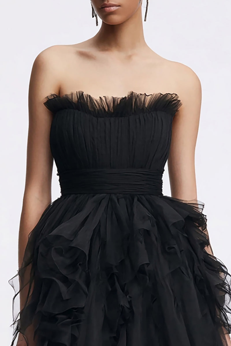 Queendancer Women Simple Tulle Little Black Dress with Ruffles A Line