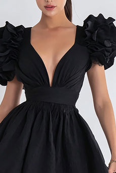 Black V Neck A Line Short Cocktail Dress with Ruffles