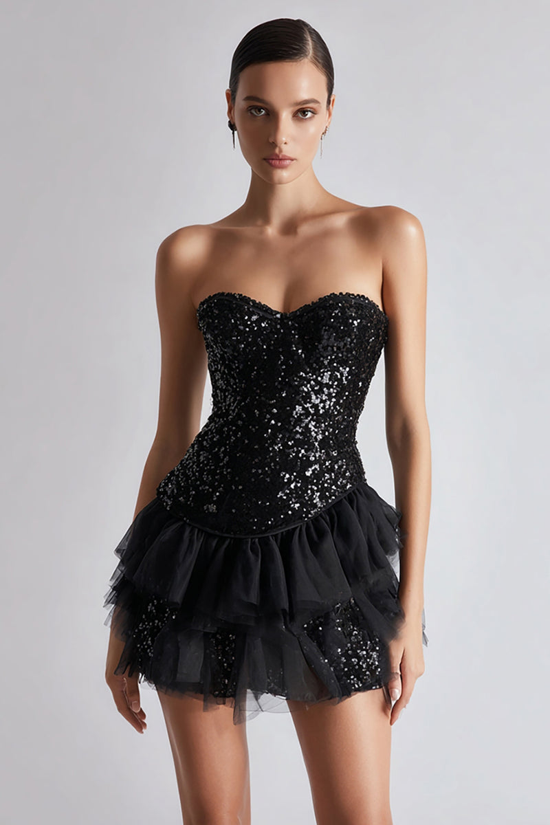 Load image into Gallery viewer, Sparkly Sweetheart A Line Sequins Little Black Dress