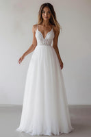 Load image into Gallery viewer, White A Line Tulle Spaghetti Straps Maxi Rehearsal Dinner Dress with Lace