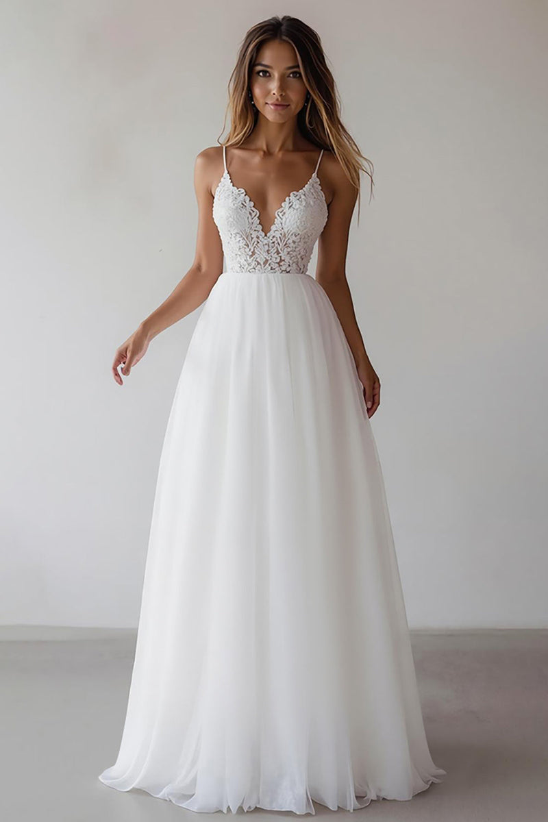 Load image into Gallery viewer, White A Line Tulle Spaghetti Straps Maxi Rehearsal Dinner Dress with Lace