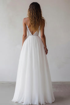 White A Line Tulle Spaghetti Straps Maxi Rehearsal Dinner Dress with Lace