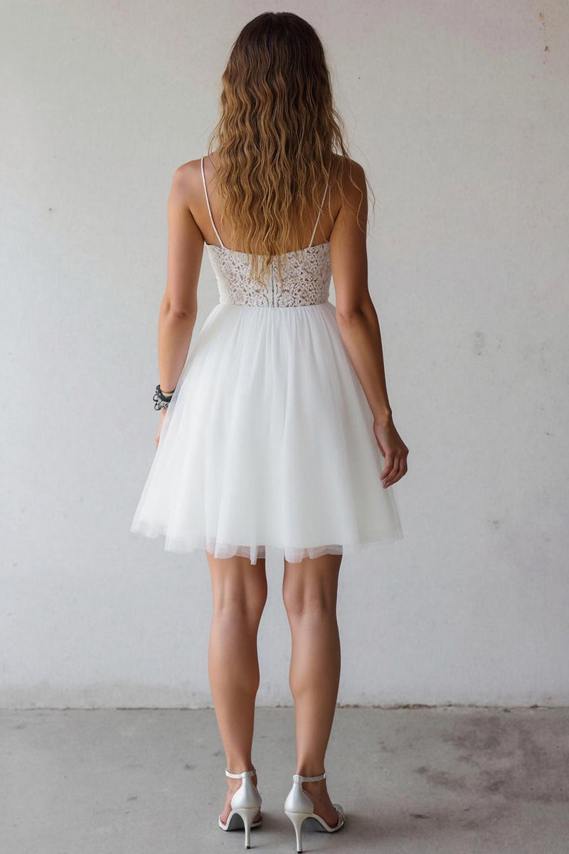 Load image into Gallery viewer, White A Line Tulle Spaghetti Straps Short Graduation Dress with Lace