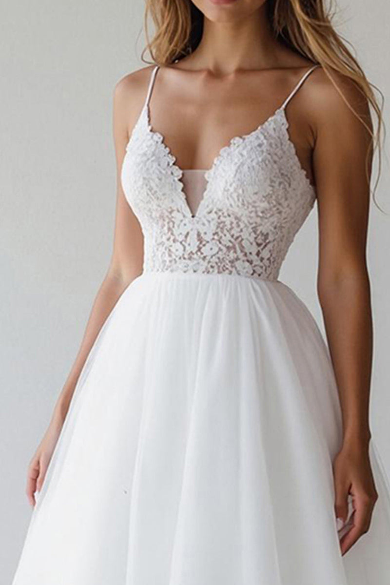 Load image into Gallery viewer, White A Line Tulle Spaghetti Straps Short Graduation Dress with Lace