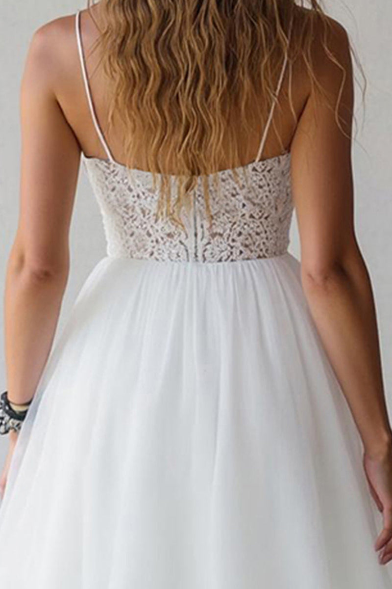Load image into Gallery viewer, White A Line Tulle Spaghetti Straps Short Graduation Dress with Lace