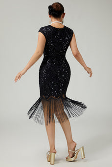 Sparkly Floral Black Bodycon Sequins 1920s Flapper Dress with Fringes