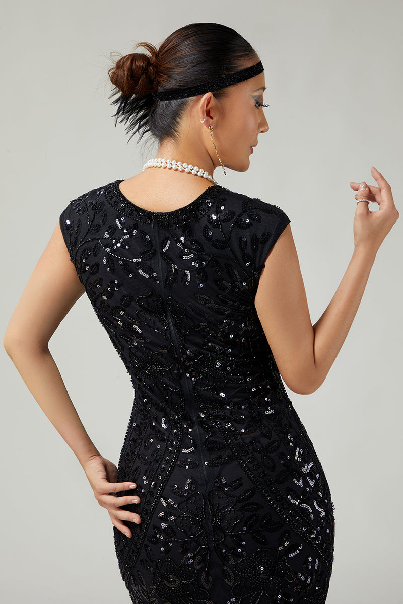 Load image into Gallery viewer, Floral Sparkly Black Golden Sequins Bodycon 1920s Flapper Dress with Fringes