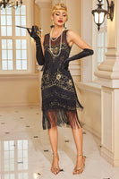 Load image into Gallery viewer, Queendancer Women Sparkly Apricot Fringed Short 1920s Dress with Sequins Bodycon Tiered Round Neck Illusion Back Flapper Dress