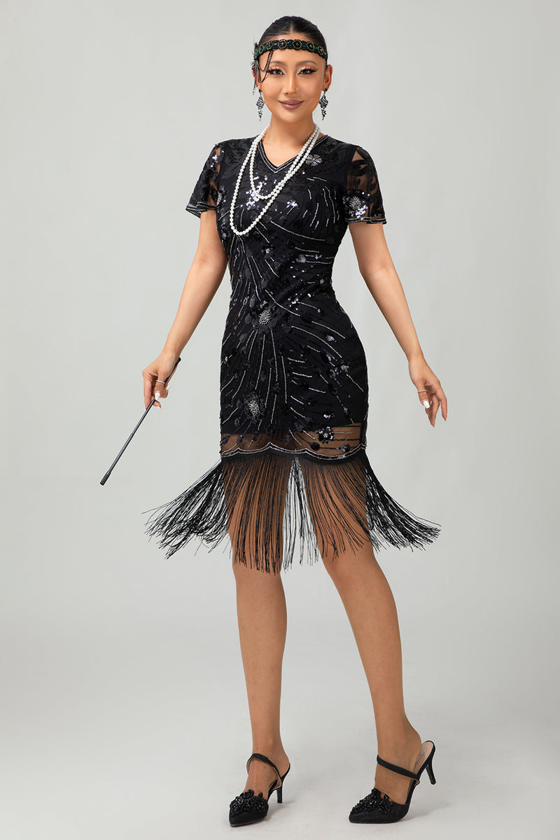 Load image into Gallery viewer, Sparkly Black Sequins Short Sleeves Flapper Dress with Fringes