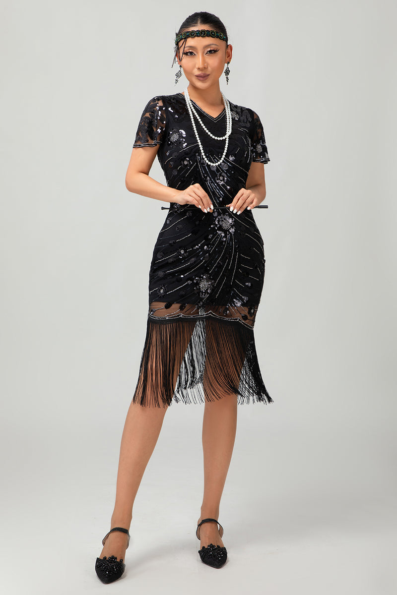 Load image into Gallery viewer, Sparkly Black Sequins Short Sleeves Flapper Dress with Fringes