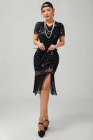 Load image into Gallery viewer, Sparkly Black Sequins Short Sleeves Flapper Dress with Fringes