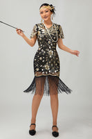 Load image into Gallery viewer, Sparkly Black Golden Sequins Fringed Flapper Dress with Sleeves