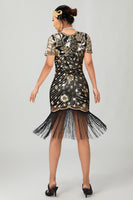 Load image into Gallery viewer, Sparkly Black Golden Sequins Fringed Flapper Dress with Sleeves