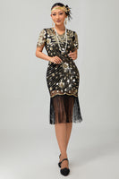 Load image into Gallery viewer, Sparkly Black Golden Sequins Fringed Flapper Dress with Sleeves