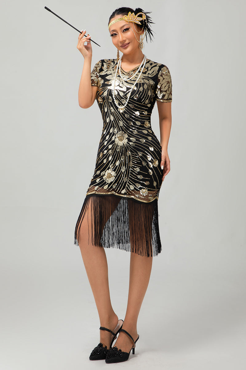 Load image into Gallery viewer, Sparkly Black Golden Sequins Fringed Flapper Dress with Sleeves