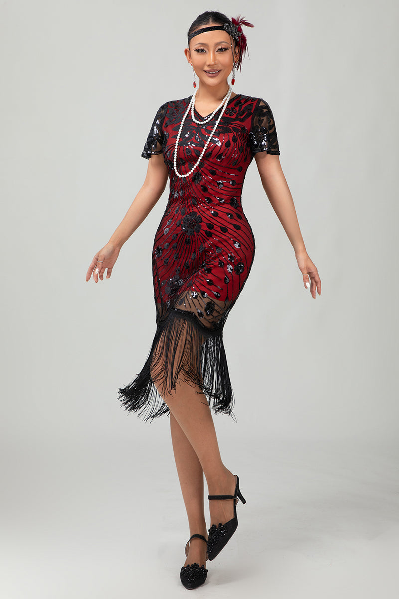 Load image into Gallery viewer, Sparkly Black Golden Sequins Fringed Flapper Dress with Sleeves