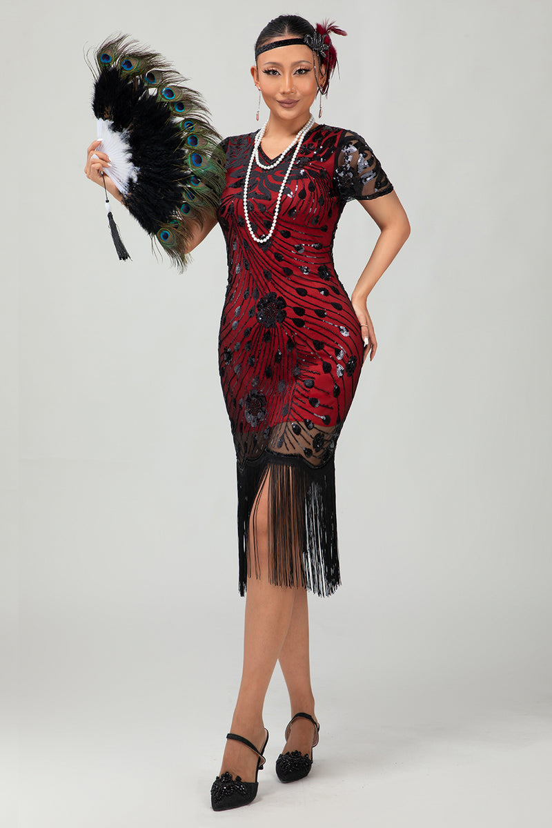 Load image into Gallery viewer, Sparkly Black Golden Sequins Fringed Flapper Dress with Sleeves