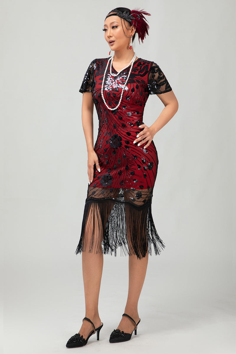Load image into Gallery viewer, Sparkly Black Golden Sequins Fringed Flapper Dress with Sleeves