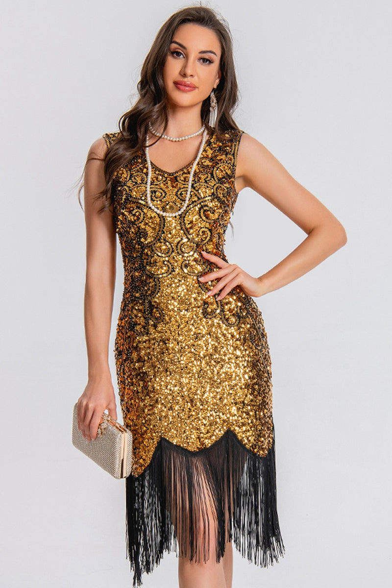 Queendancer Women Sparkly Black Golden Sequin Short 1920s Dress Bodycon Gatsby Dress with Fringes – queendancer