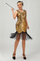 Load image into Gallery viewer, Sparkly Black Golden Sequins Tight Short 1920s Dress with Fringes