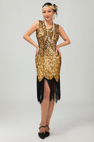 Load image into Gallery viewer, Sparkly Black Golden Sequins Tight Short 1920s Dress with Fringes