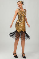 Load image into Gallery viewer, Sparkly Black Golden Sequins Tight Short 1920s Dress with Fringes