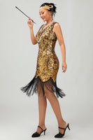 Load image into Gallery viewer, Sparkly Black Golden Sequins Tight Short 1920s Dress with Fringes