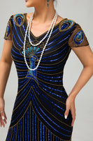 Load image into Gallery viewer, Sparkly Black Blue Sequins Bodycon Short 1920s Dress with Sleeves